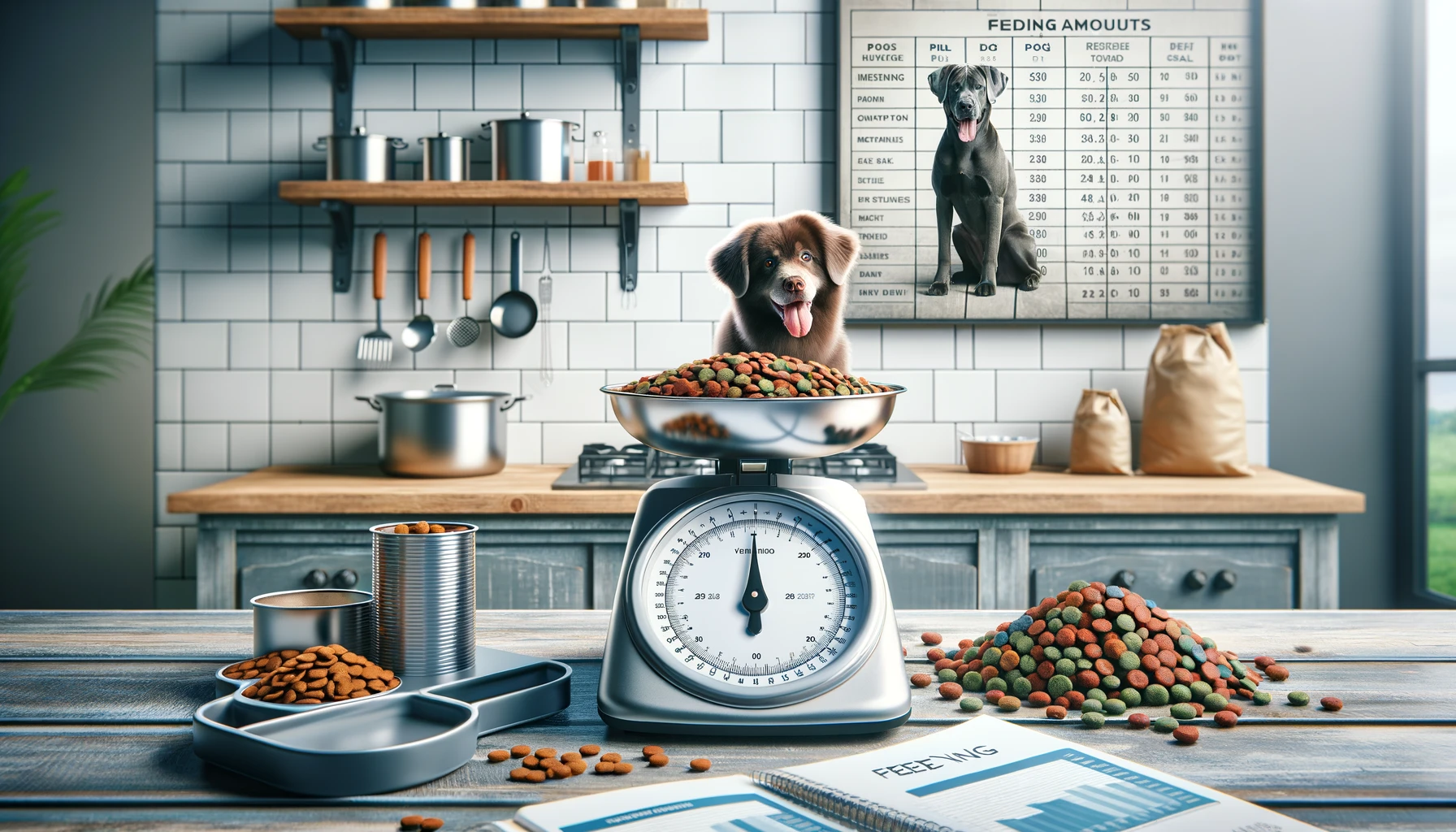 デジタルスケールに計測されたドッグフードの部分が乗せられ、異なる犬のサイズや品種のための給餌チャートまたはガイドが隣に置かれた、整然としたキッチンカウンターを示す画像。