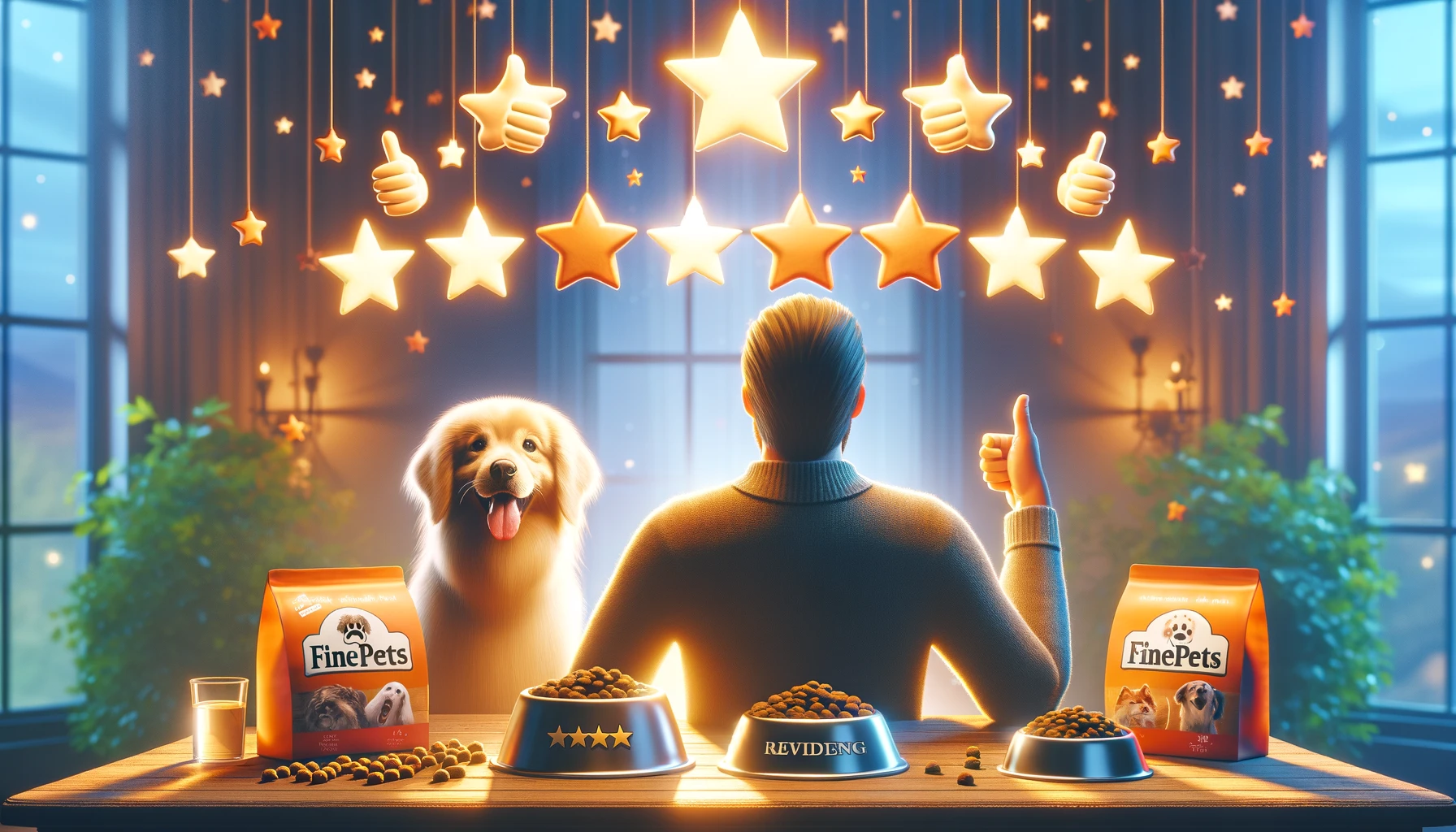 ファインペッツドッグフードに対する顧客満足度をポジティブに描写したもので、幸せな犬のアイコン、星の評価、品質に対するブランドの評判を反映した温かく歓迎的な雰囲気によって象徴されています。