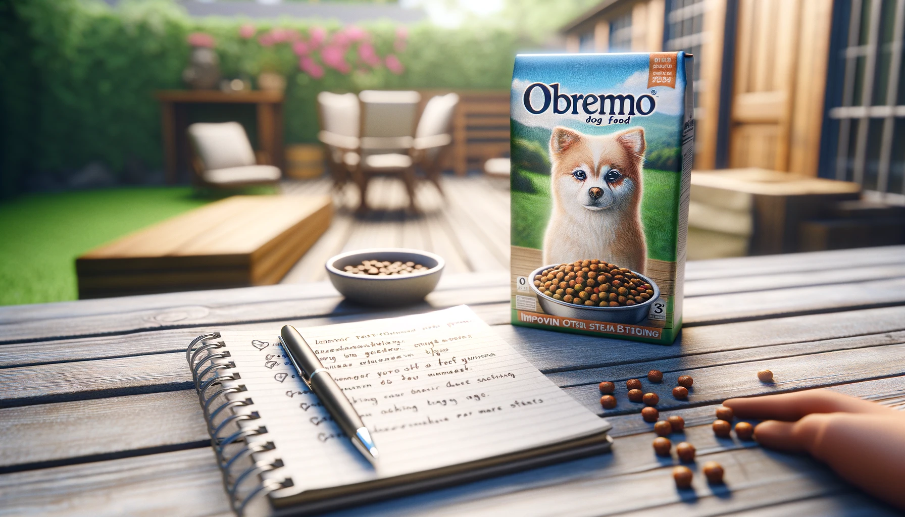 涙やけを改善するためにオブレモ ドッグ フードを使用するためのヒントが記載されたノートが、庭を背景にしてテーブル上のドッグ フード パッケージの横に置かれ、ペットのケアへの総合的なアプローチを強調しています。
