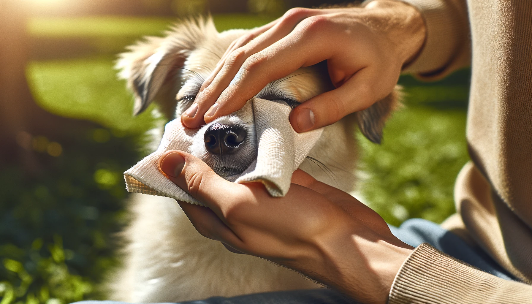 日当たりの良い屋外で、犬の目の周りを柔らかい布で優しく拭く手。これは、犬の涙やけを減らすための簡単で効果的な方法を示しています。