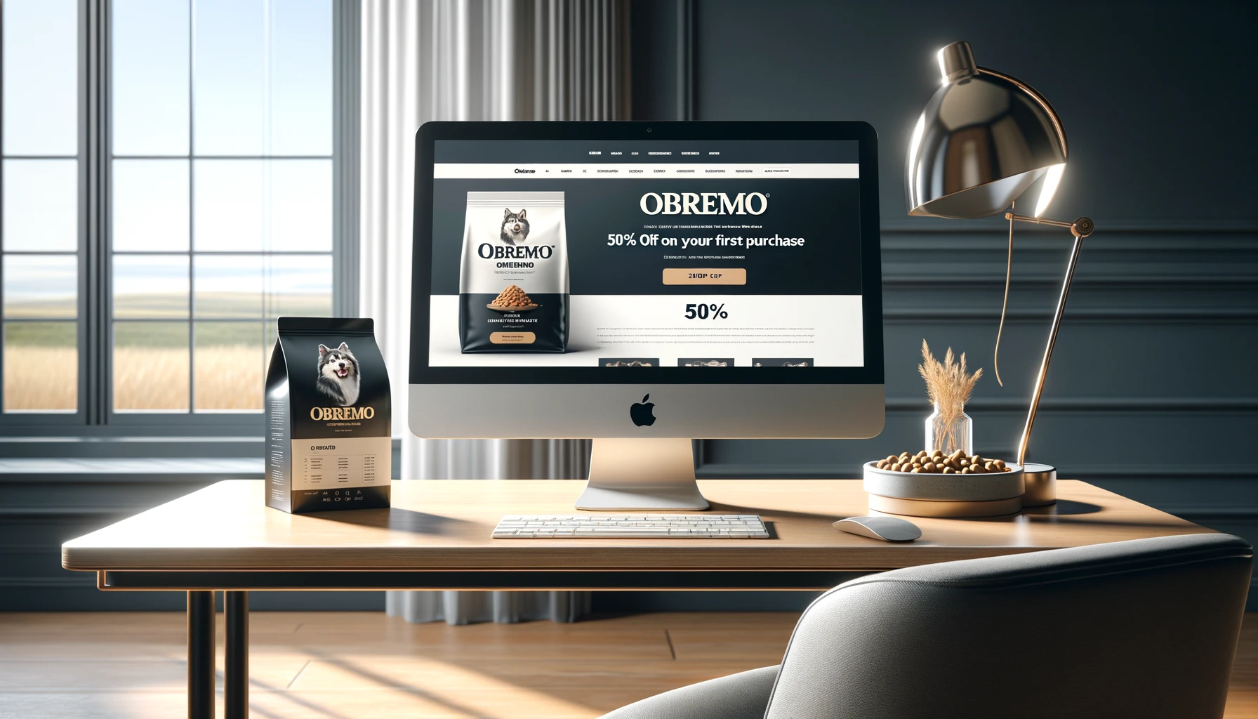 優雅な机の上に置かれたコンピューター画面上の OBREMO 公式 Web サイト。明るく快適なオンライン ショッピング環境での初回購入時に 50% オフの特別オファーが強調されています。