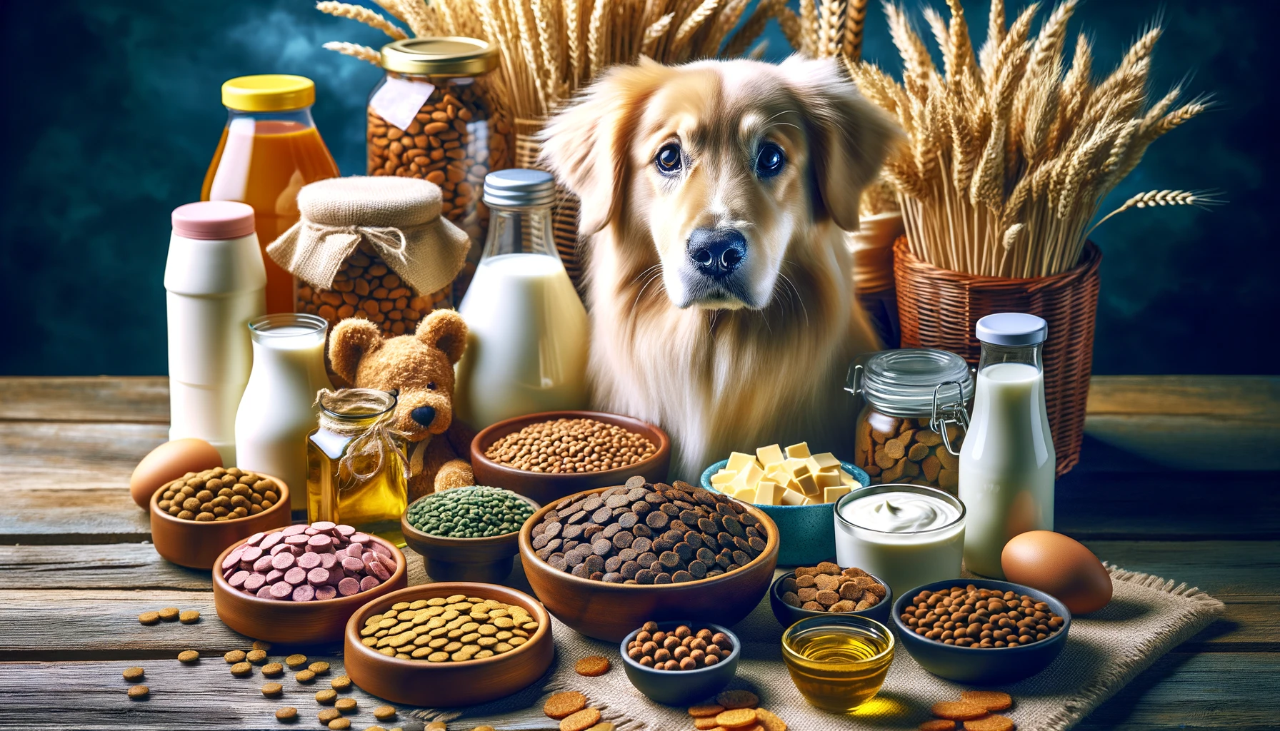 小麦、大豆、乳製品など、犬の涙やけの潜在的な原因として知られるドッグフードの詰め合わせです。