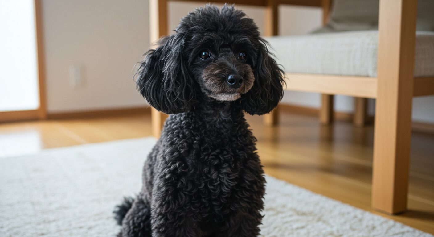 美しい毛並みの黒いトイプードルが落ち着いており、退色以外の性格や見た目といった特徴を表現している。
