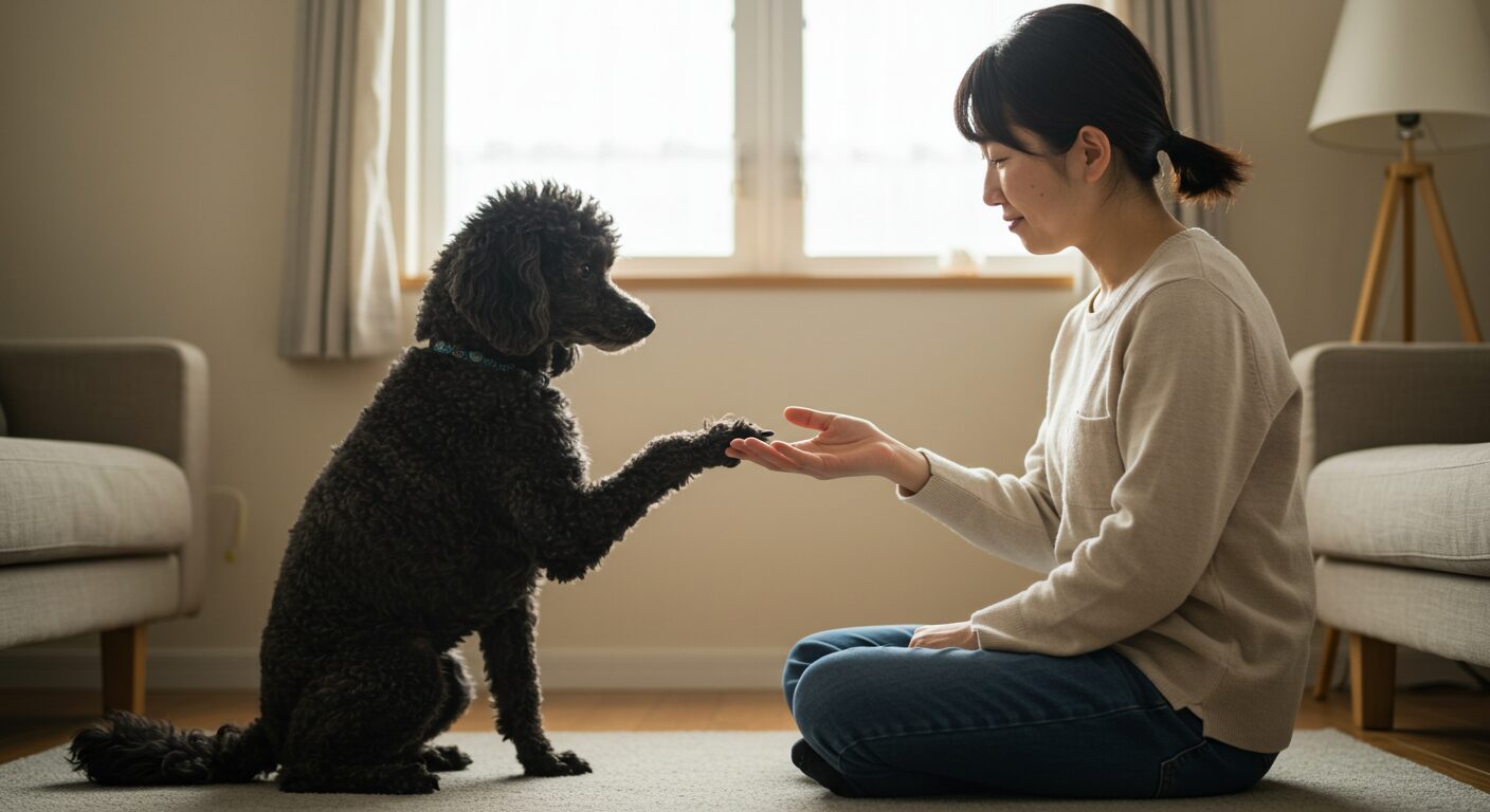 飼い主（日本人）と握手する黒いトイプードル。その賢さ、忠誠心、そして訓練しやすい性格を象徴している。